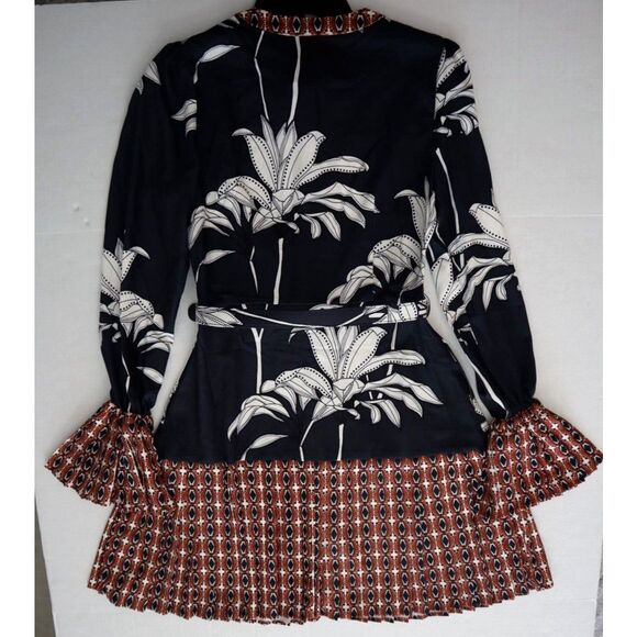 CIEBON Women's Sz S Black Multi Edda Pleated Tie Neck L/S Satin Mini Dress - Picture 2 of 8